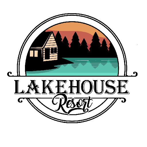 Logo of Lakehouse Resort featuring a cabin by a lake, pine trees, and mountains in the background with a sunset sky. "Lakehouse Resort" is written in bold and script fonts below the image.